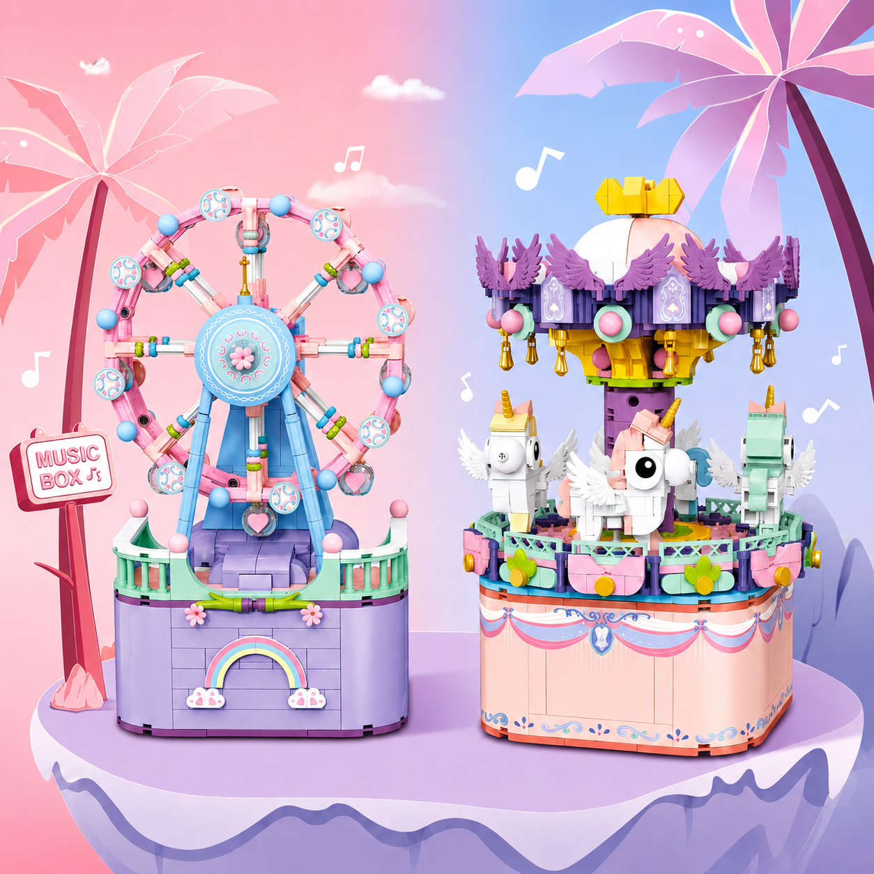 Ferris Wheel & Unicorn Merry-Go-Round MeloBricks Music Box Bundle